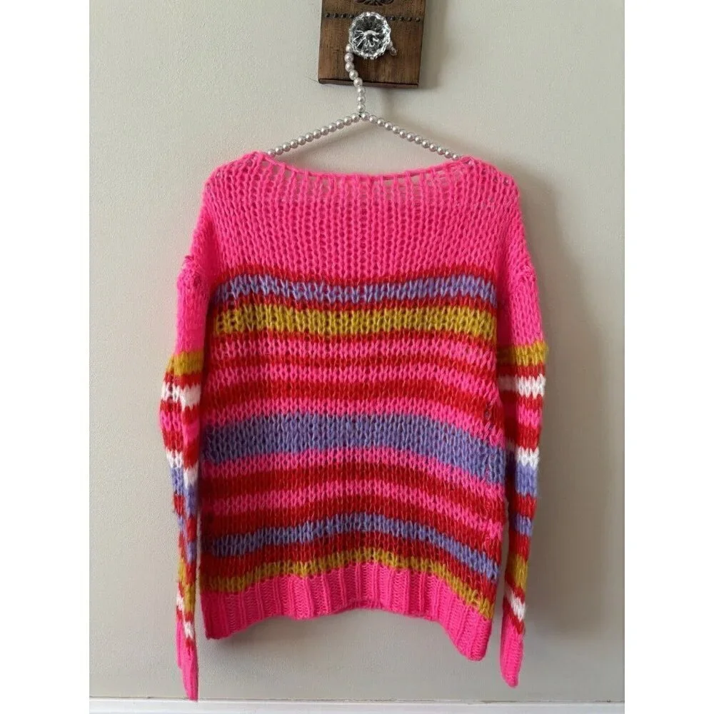 Altar'd State Womens Size XS Open Knit Sweater Bright Pink Stripe - Picture 3 of 4
